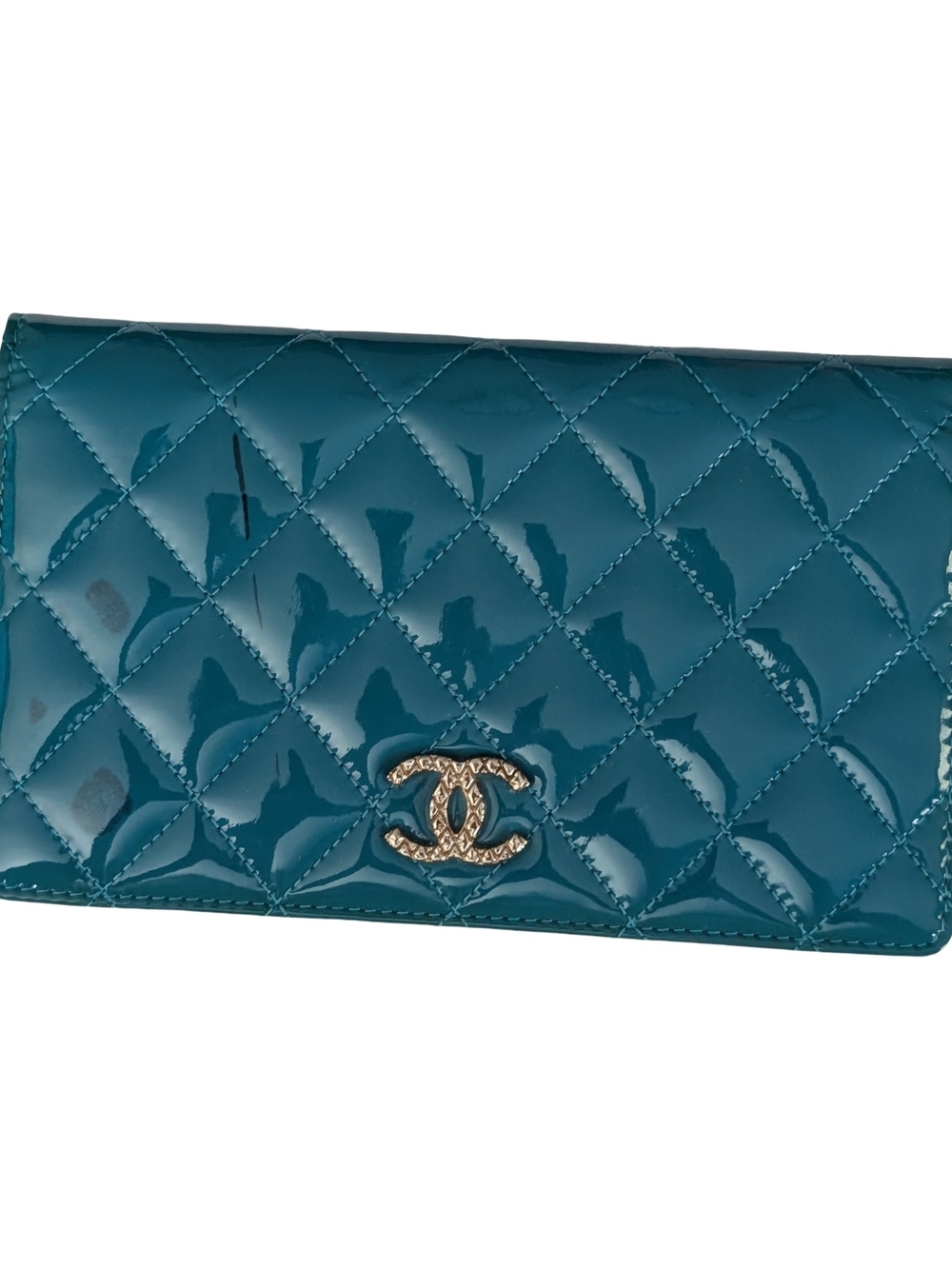CHANEL Teal Quilted Patent Leather Clutch Silver CC Long Wallet Purse - Picture 2 of 15